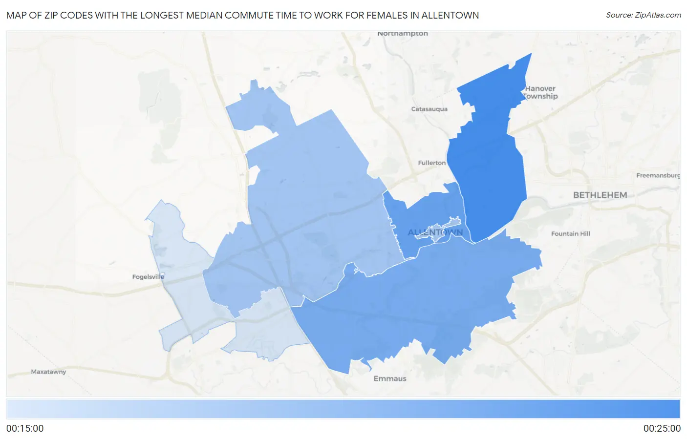 Zip Codes with the Longest Median Commute Time to Work for Females in Allentown Map