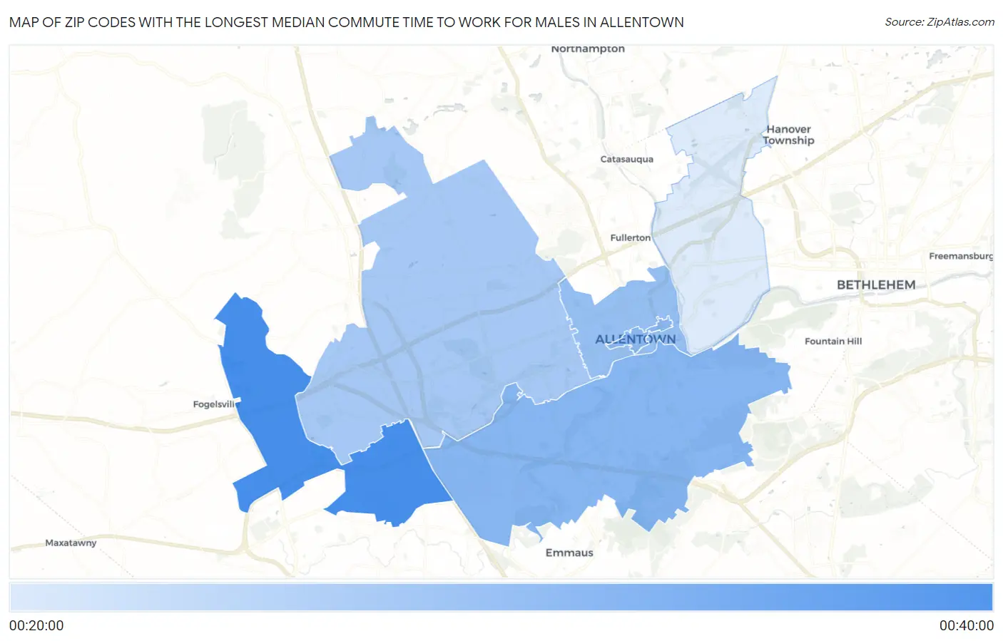 Zip Codes with the Longest Median Commute Time to Work for Males in Allentown Map