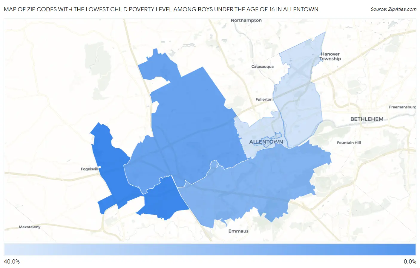 Zip Codes with the Lowest Child Poverty Level Among Boys Under the Age of 16 in Allentown Map
