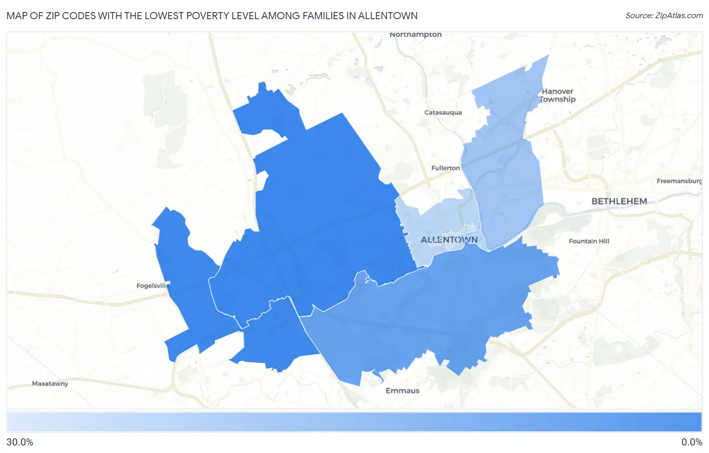 Zip Codes with the Lowest Poverty Level Among Families in Allentown Map