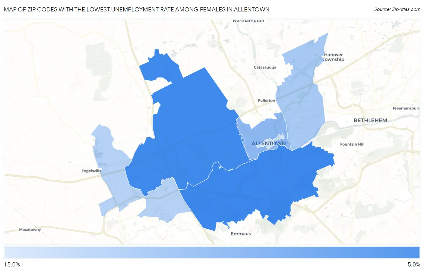 Zip Codes with the Lowest Unemployment Rate Among Females in Allentown Map