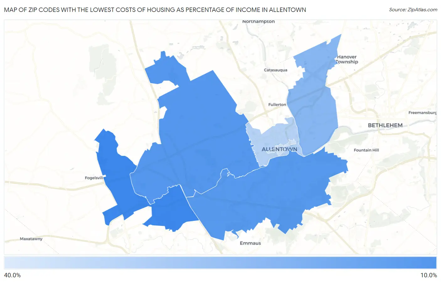 Zip Codes with the Lowest Costs of Housing as Percentage of Income in Allentown Map