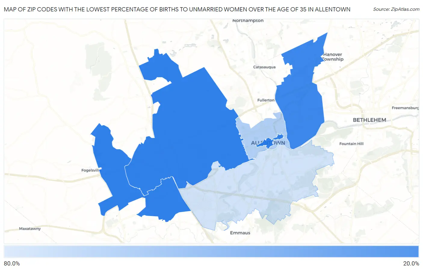 Zip Codes with the Lowest Percentage of Births to Unmarried Women over the Age of 35 in Allentown Map
