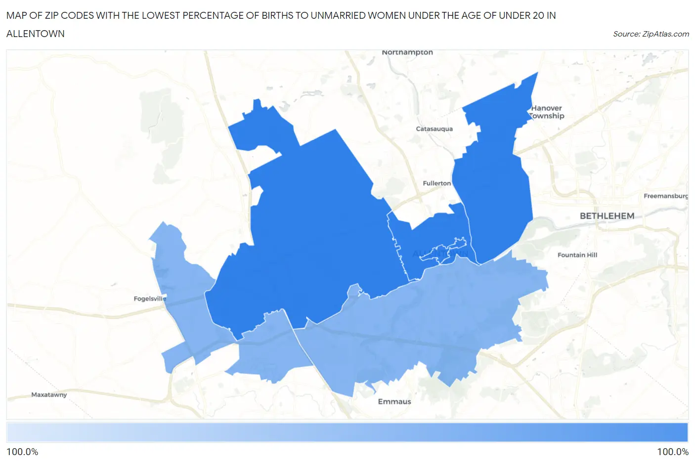 Zip Codes with the Lowest Percentage of Births to Unmarried Women under the Age of under 20 in Allentown Map