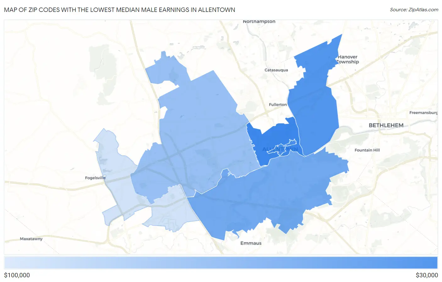 Zip Codes with the Lowest Median Male Earnings in Allentown Map