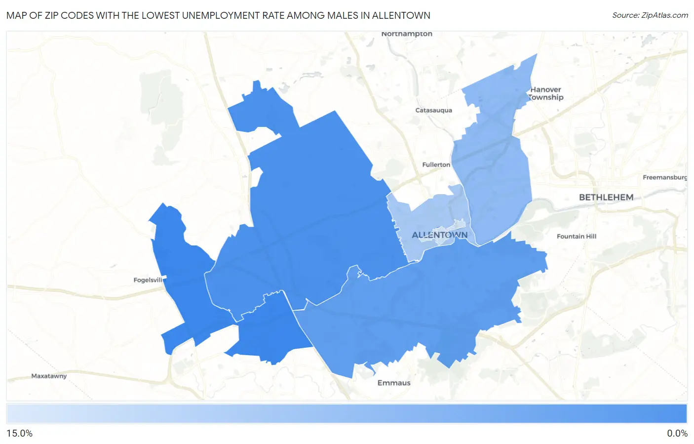 Zip Codes with the Lowest Unemployment Rate Among Males in Allentown Map