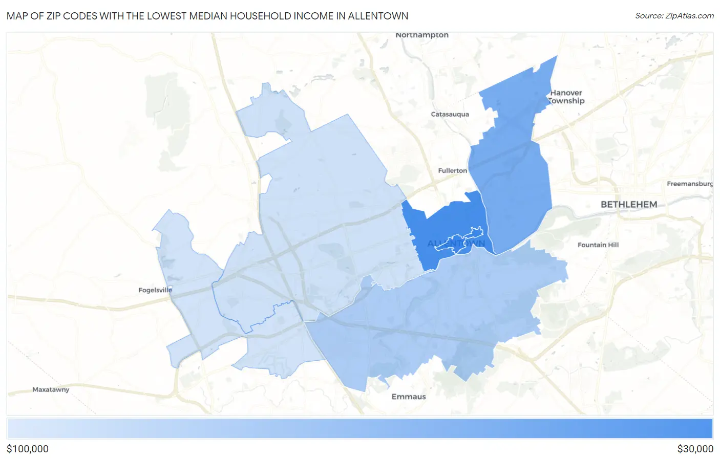 Zip Codes with the Lowest Median Household Income in Allentown Map