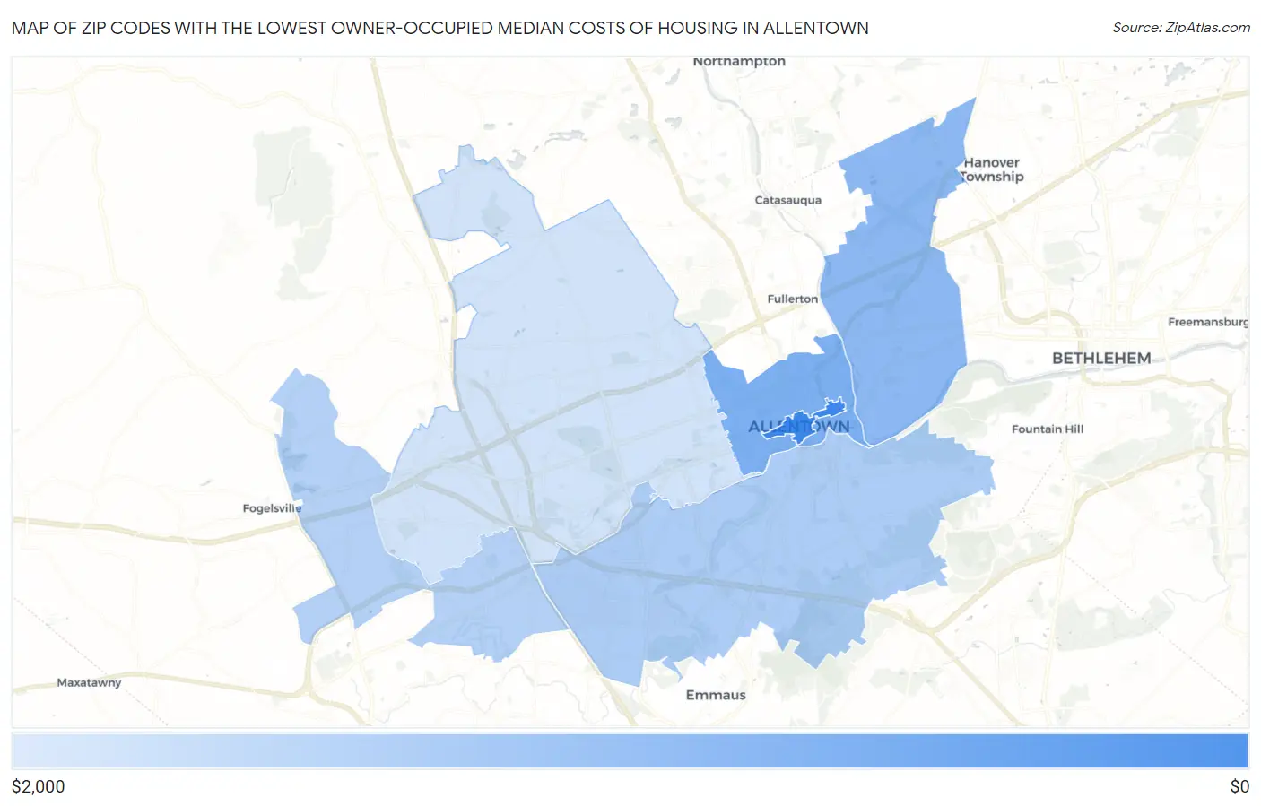Zip Codes with the Lowest Owner-Occupied Median Costs of Housing in Allentown Map