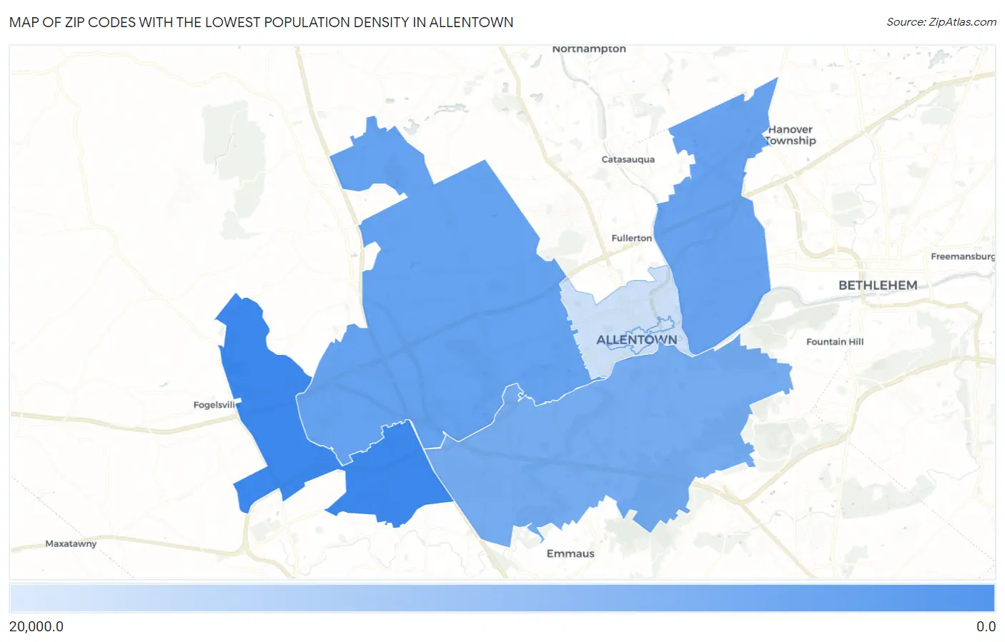 Zip Codes with the Lowest Population Density in Allentown Map
