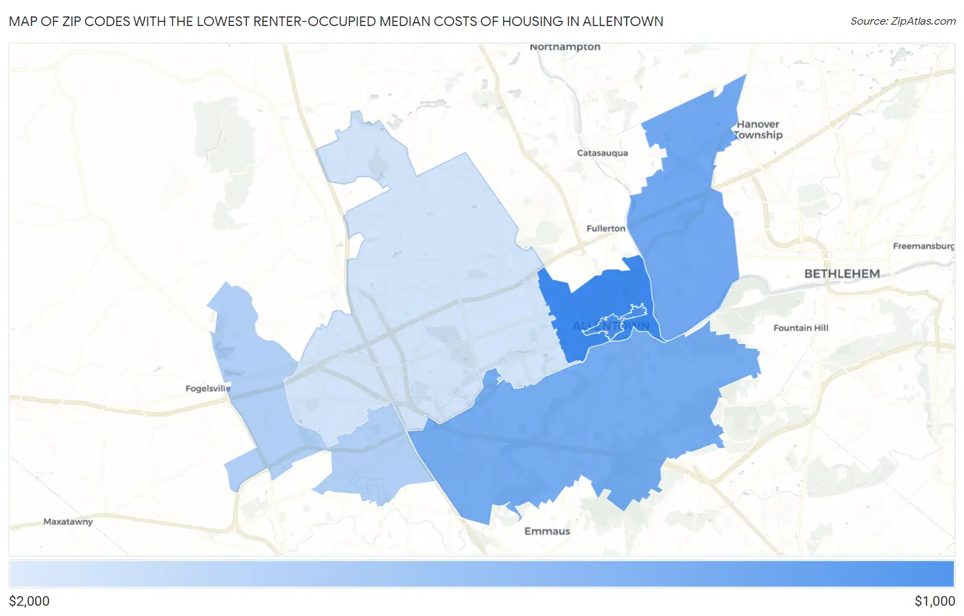 Zip Codes with the Lowest Renter-Occupied Median Costs of Housing in Allentown Map