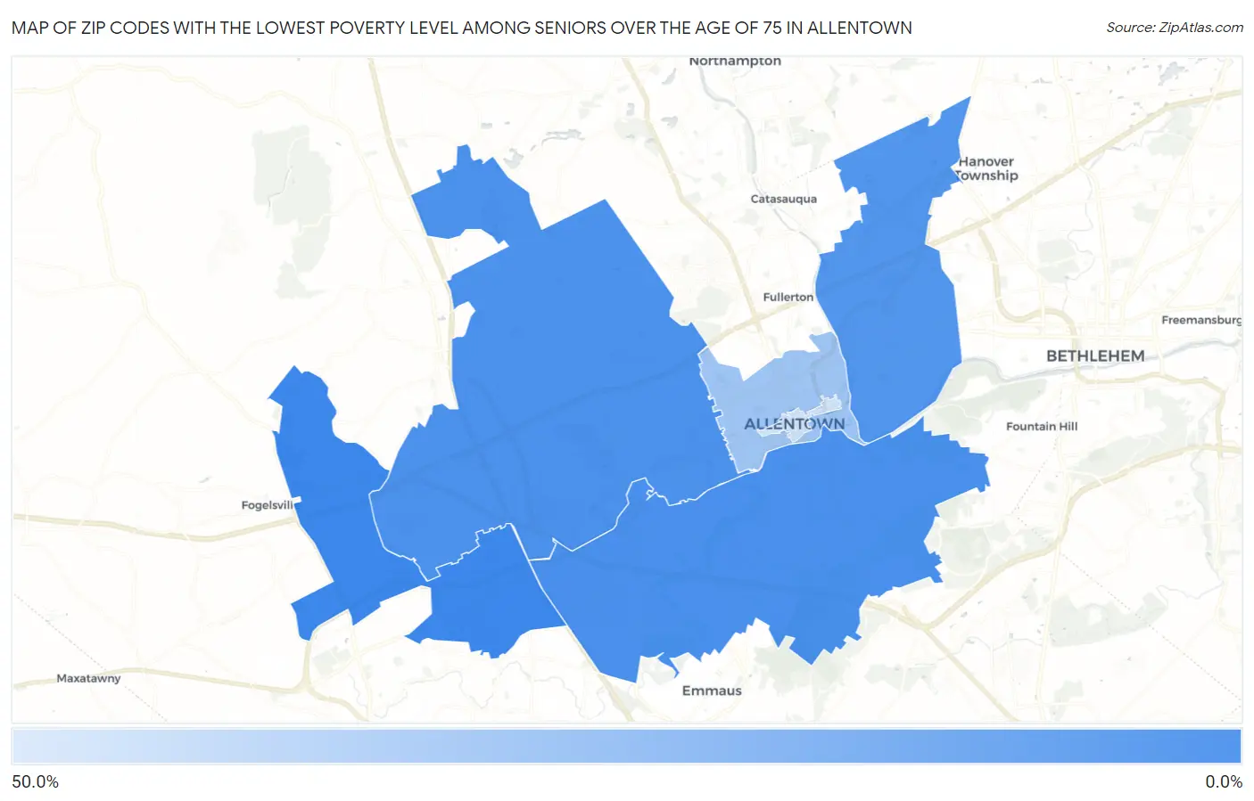 Zip Codes with the Lowest Poverty Level Among Seniors Over the Age of 75 in Allentown Map