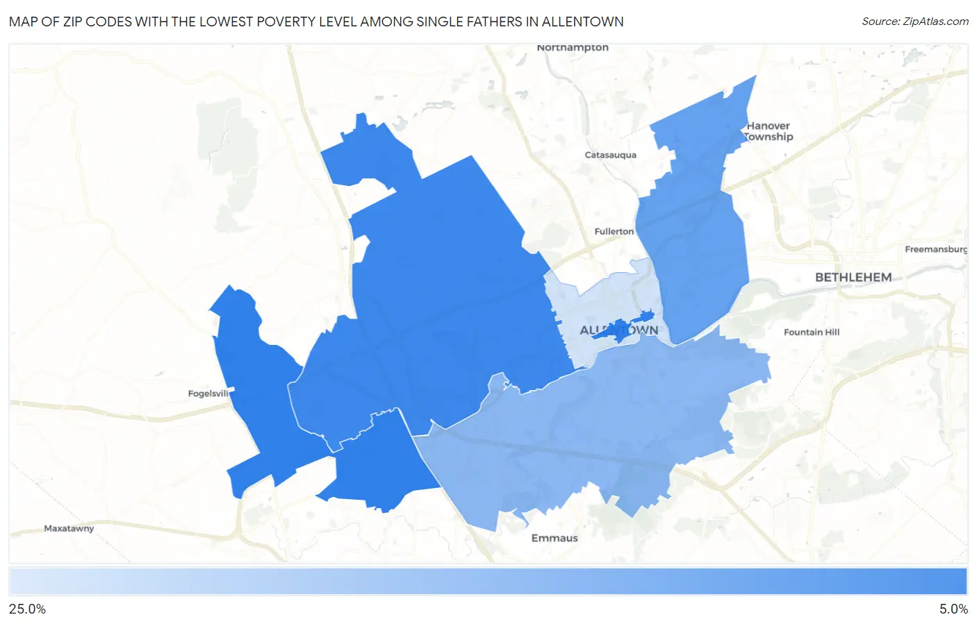 Zip Codes with the Lowest Poverty Level Among Single Fathers in Allentown Map