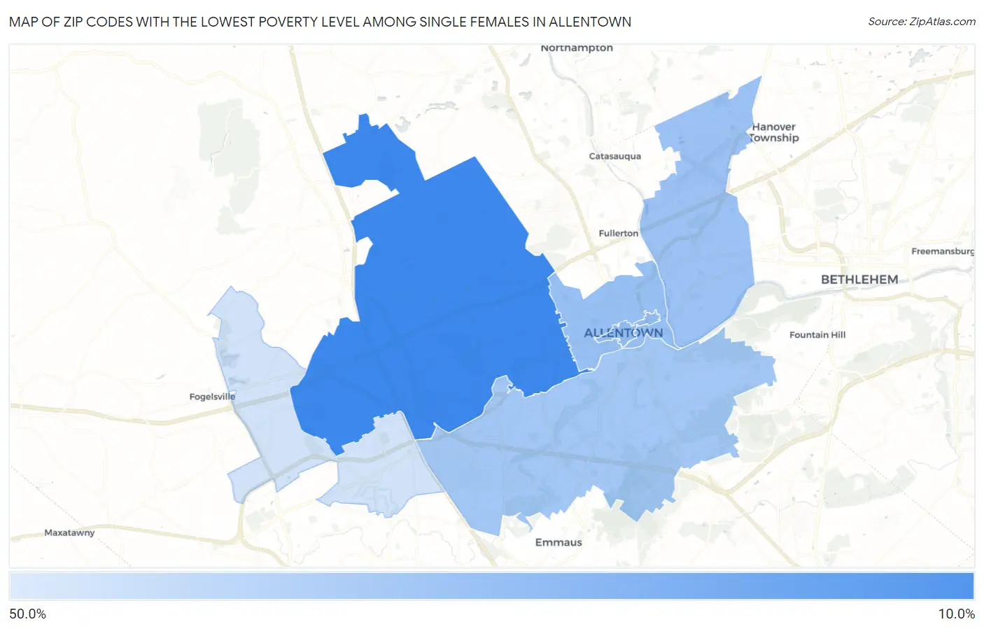 Zip Codes with the Lowest Poverty Level Among Single Females in Allentown Map