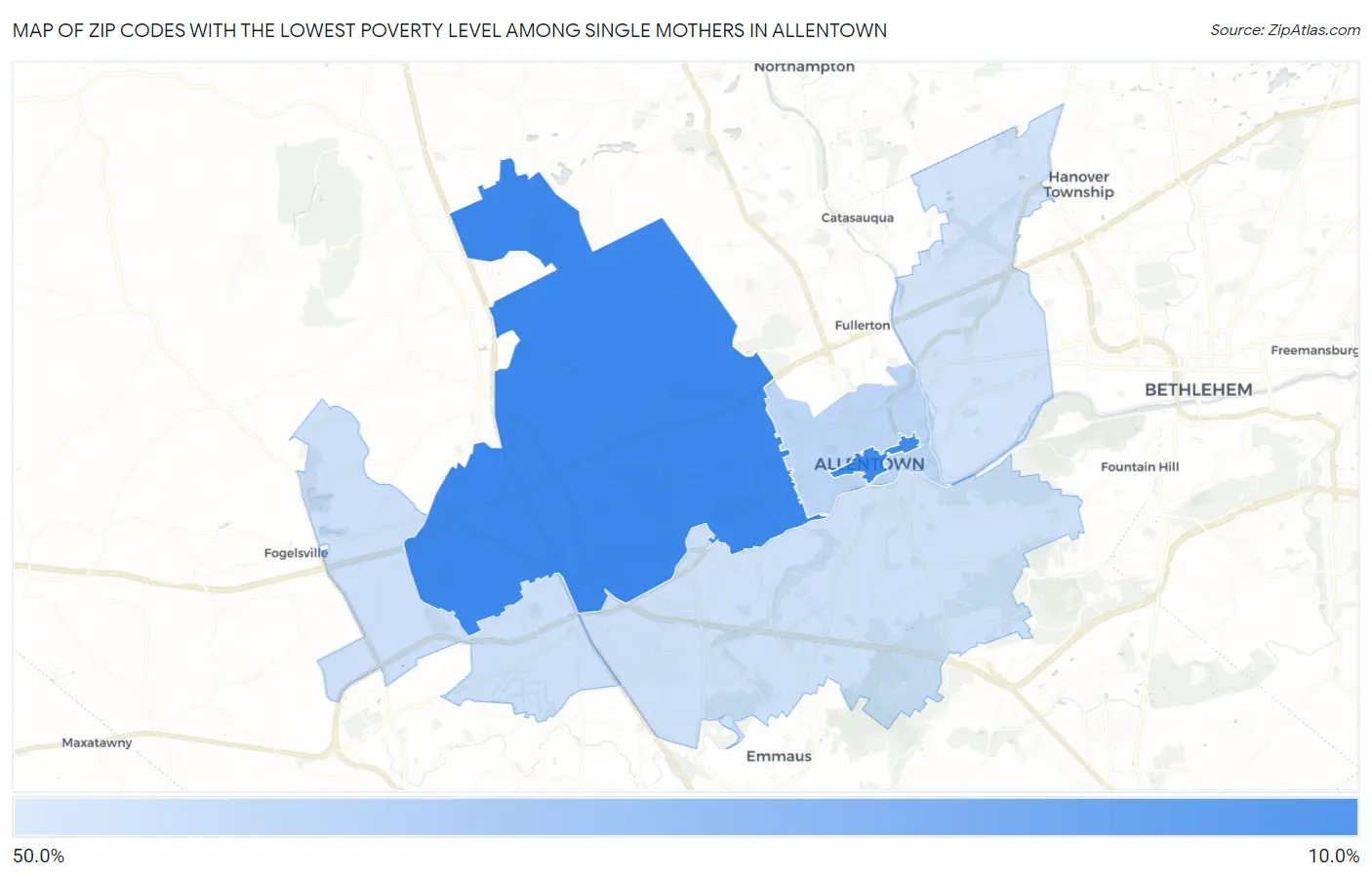 Zip Codes with the Lowest Poverty Level Among Single Mothers in Allentown Map