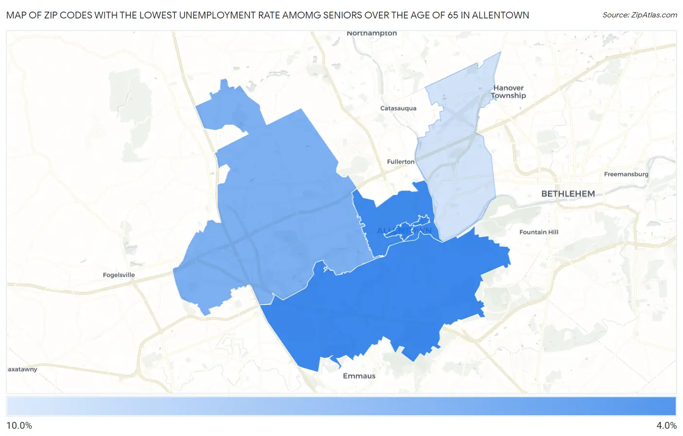 Zip Codes with the Lowest Unemployment Rate Amomg Seniors Over the Age of 65 in Allentown Map