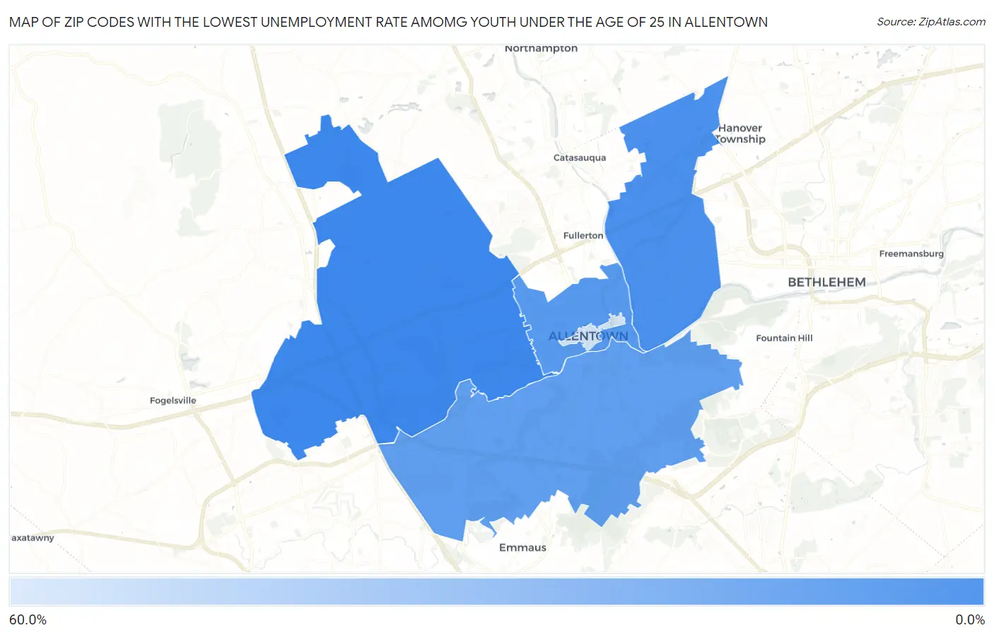 Zip Codes with the Lowest Unemployment Rate Amomg Youth Under the Age of 25 in Allentown Map