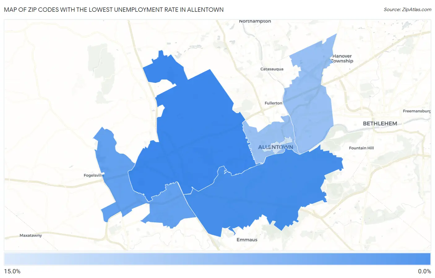 Zip Codes with the Lowest Unemployment Rate in Allentown Map