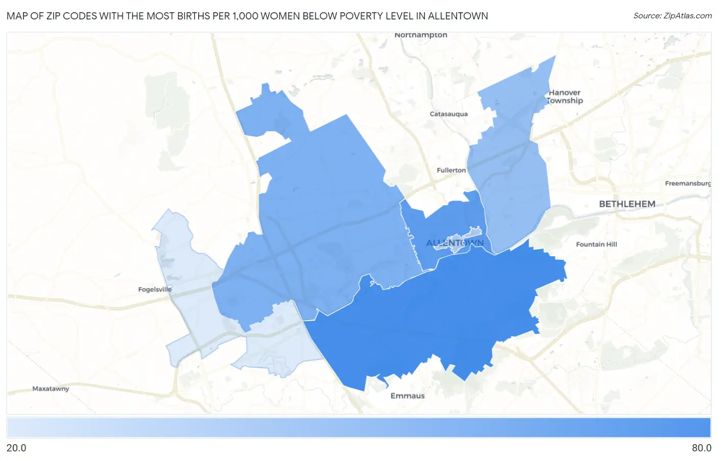 Zip Codes with the Most Births per 1,000 Women Below Poverty Level in Allentown Map