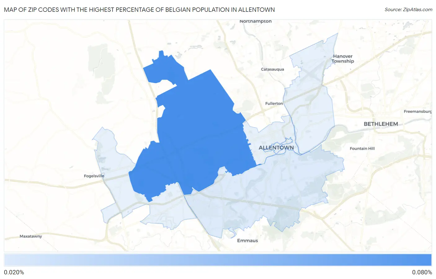 Zip Codes with the Highest Percentage of Belgian Population in Allentown Map