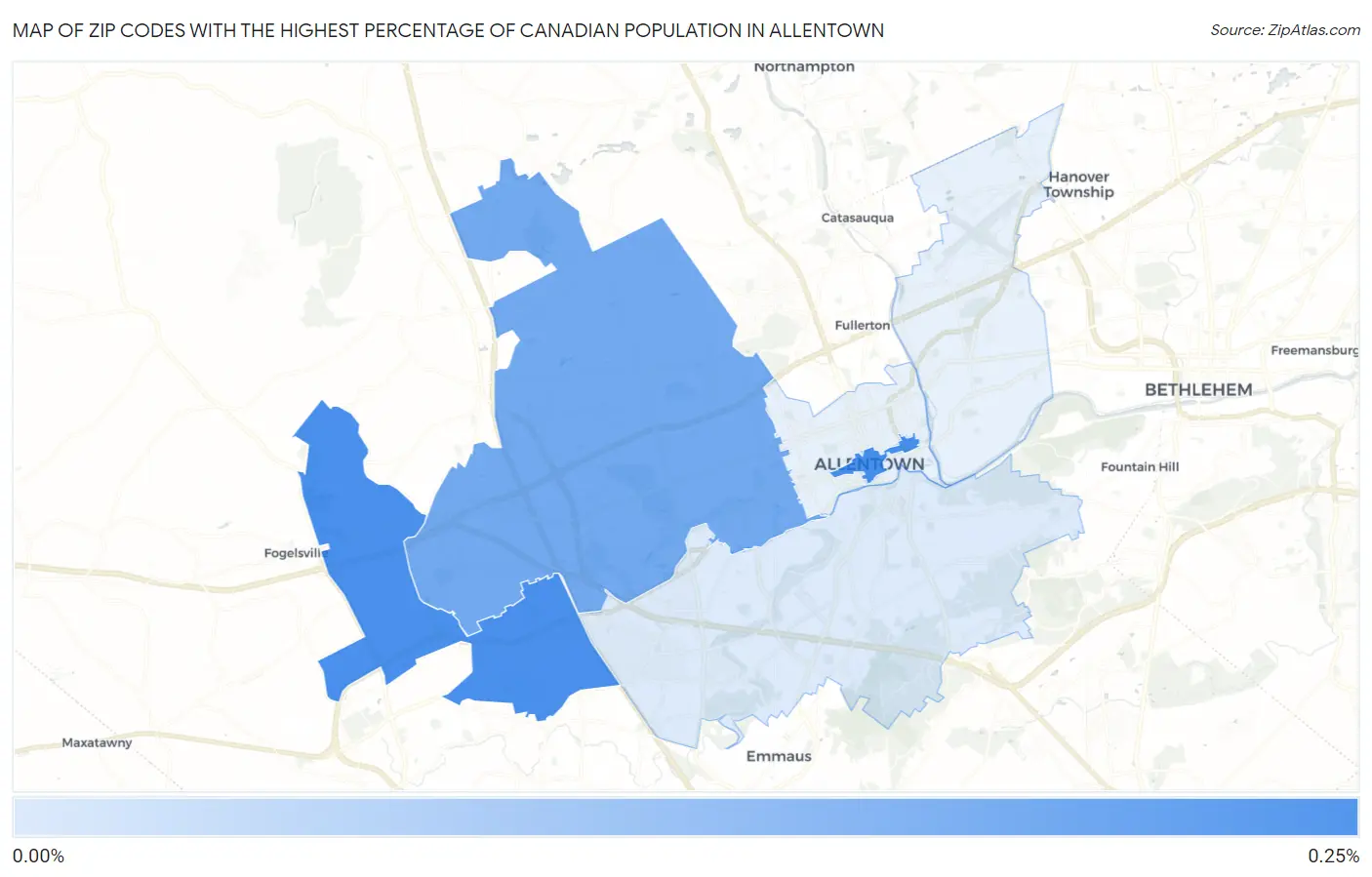 Zip Codes with the Highest Percentage of Canadian Population in Allentown Map
