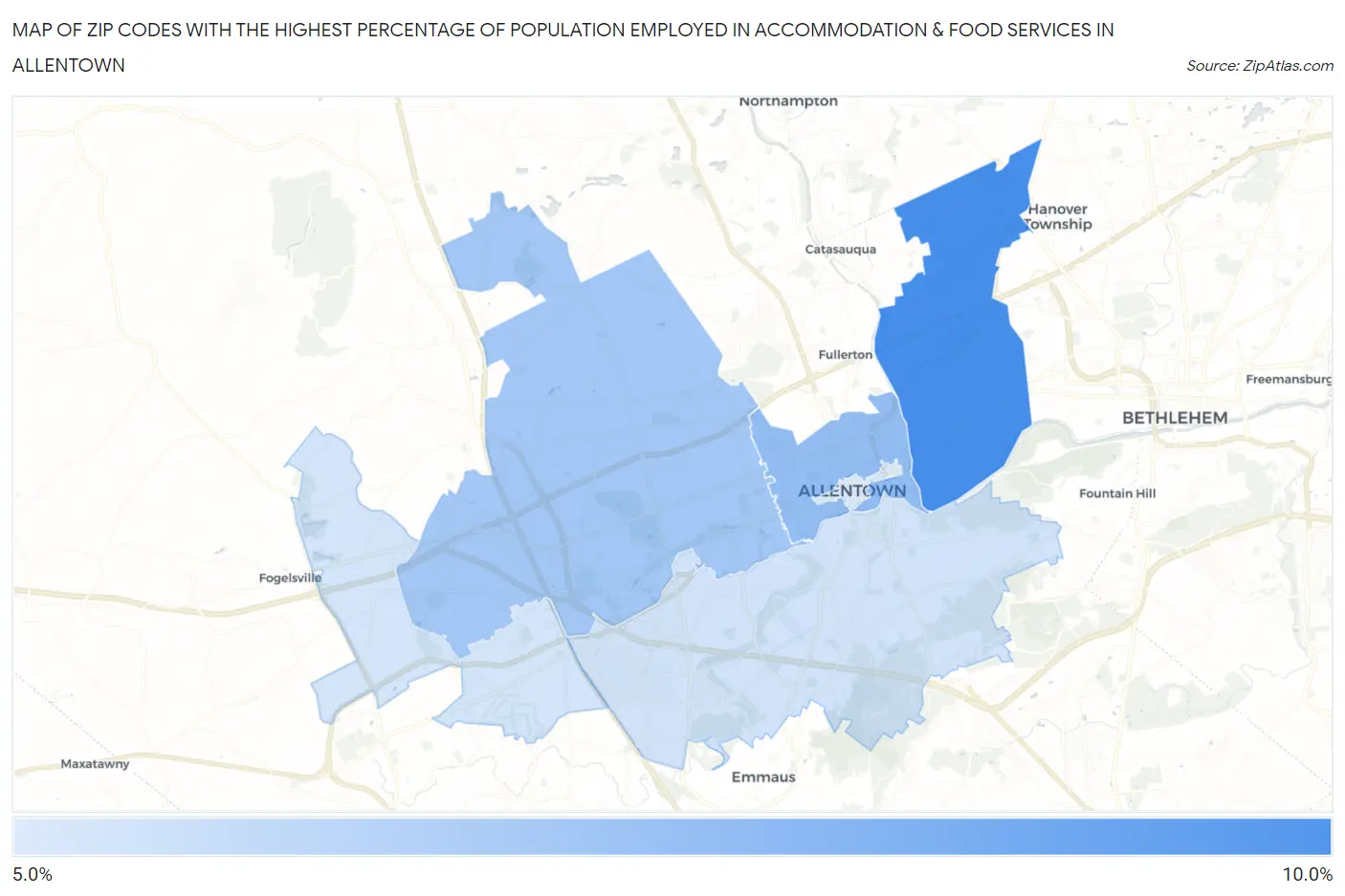 Zip Codes with the Highest Percentage of Population Employed in Accommodation & Food Services in Allentown Map