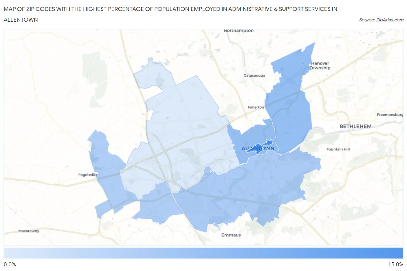 Zip Codes with the Highest Percentage of Population Employed in Administrative & Support Services in Allentown Map