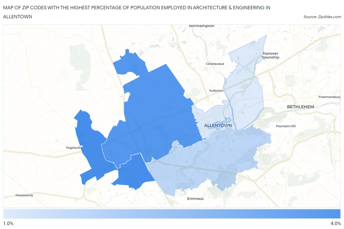 Zip Codes with the Highest Percentage of Population Employed in Architecture & Engineering in Allentown Map