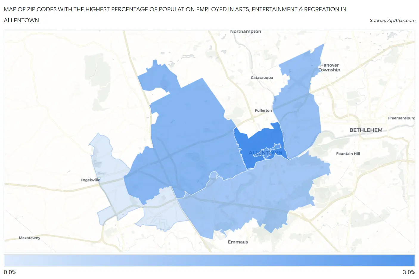 Zip Codes with the Highest Percentage of Population Employed in Arts, Entertainment & Recreation in Allentown Map