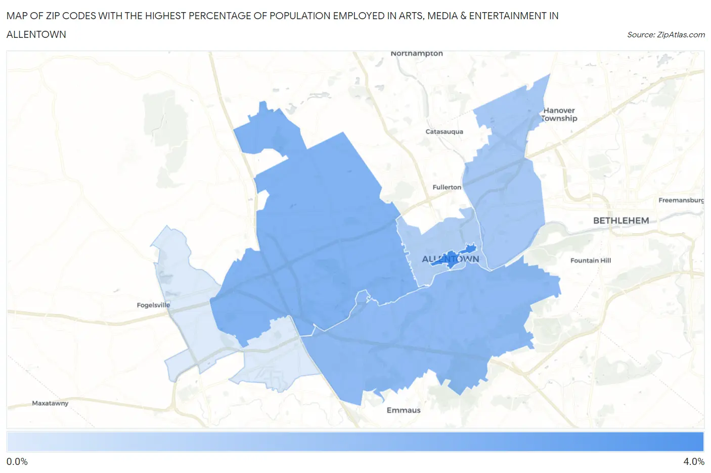 Zip Codes with the Highest Percentage of Population Employed in Arts, Media & Entertainment in Allentown Map