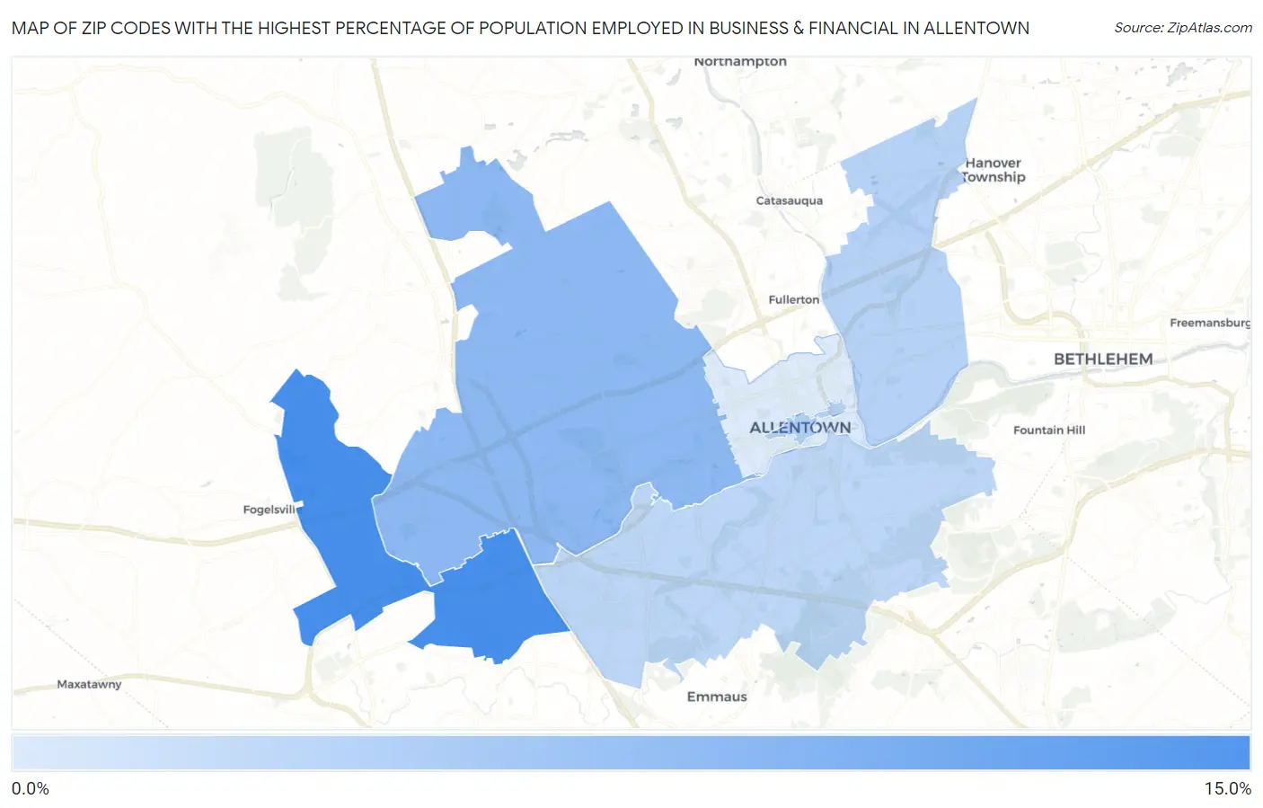 Zip Codes with the Highest Percentage of Population Employed in Business & Financial in Allentown Map