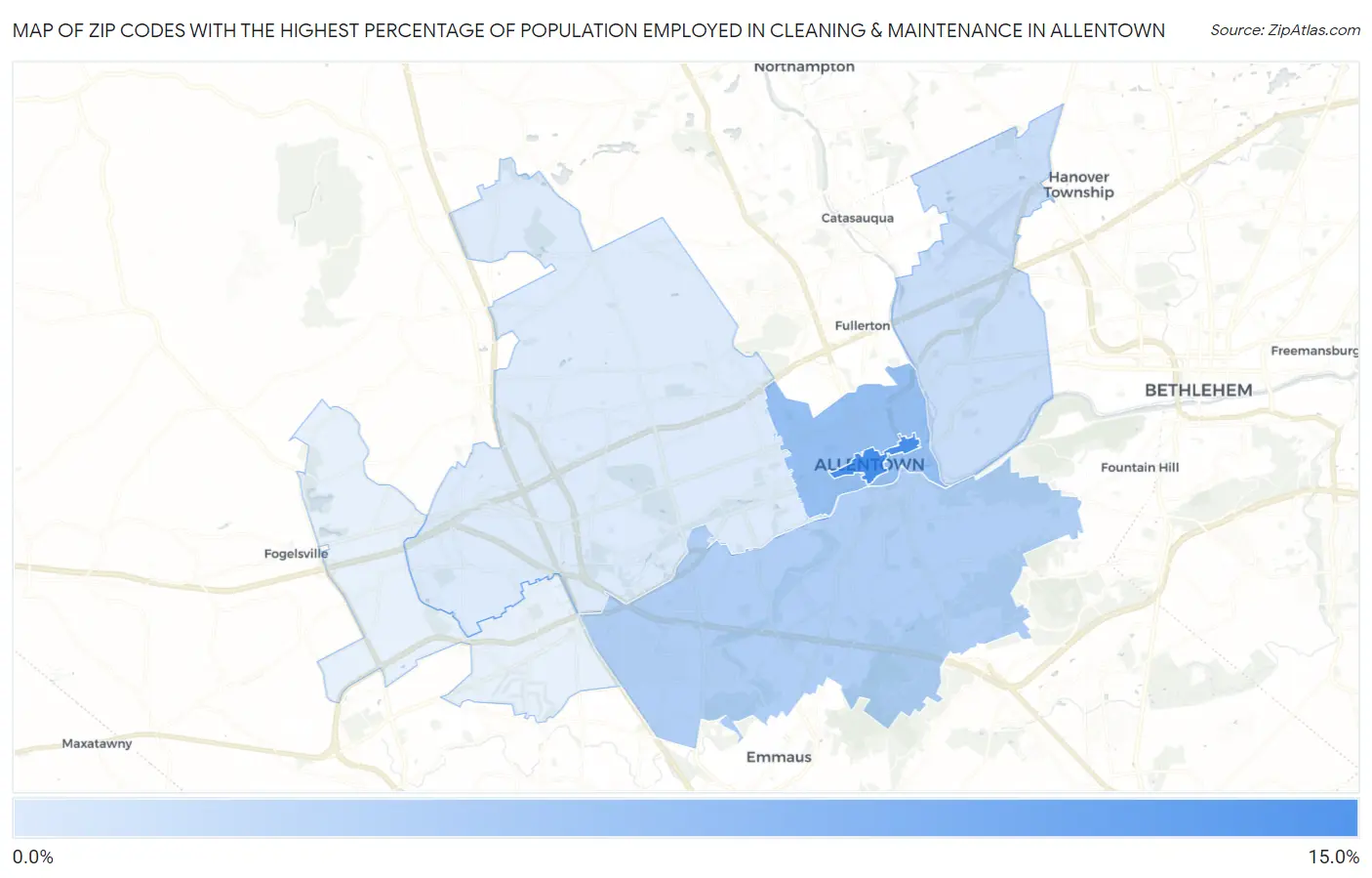 Zip Codes with the Highest Percentage of Population Employed in Cleaning & Maintenance in Allentown Map