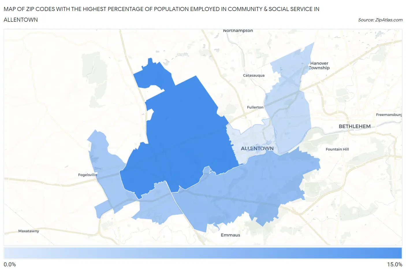 Zip Codes with the Highest Percentage of Population Employed in Community & Social Service  in Allentown Map