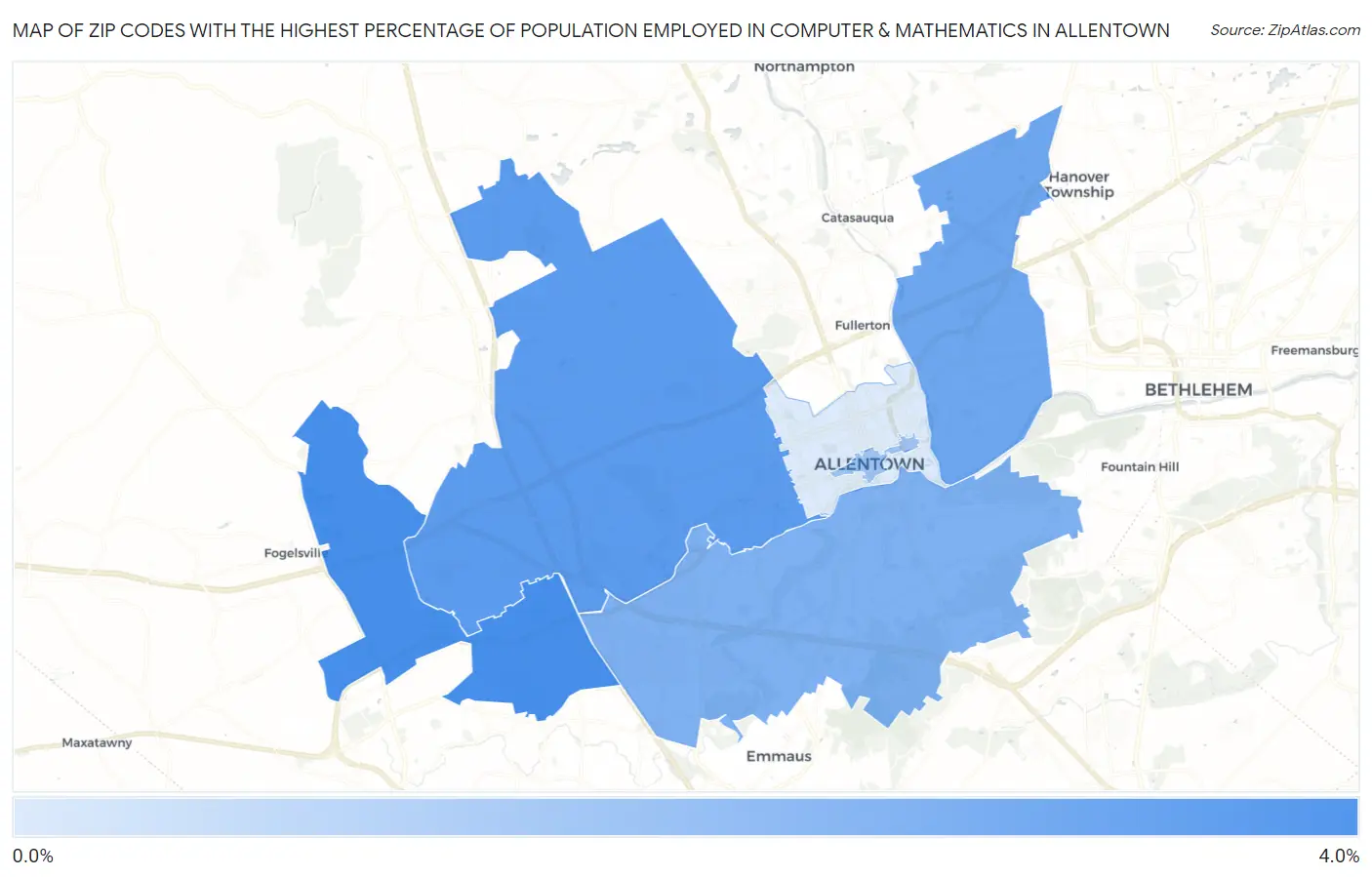 Zip Codes with the Highest Percentage of Population Employed in Computer & Mathematics in Allentown Map