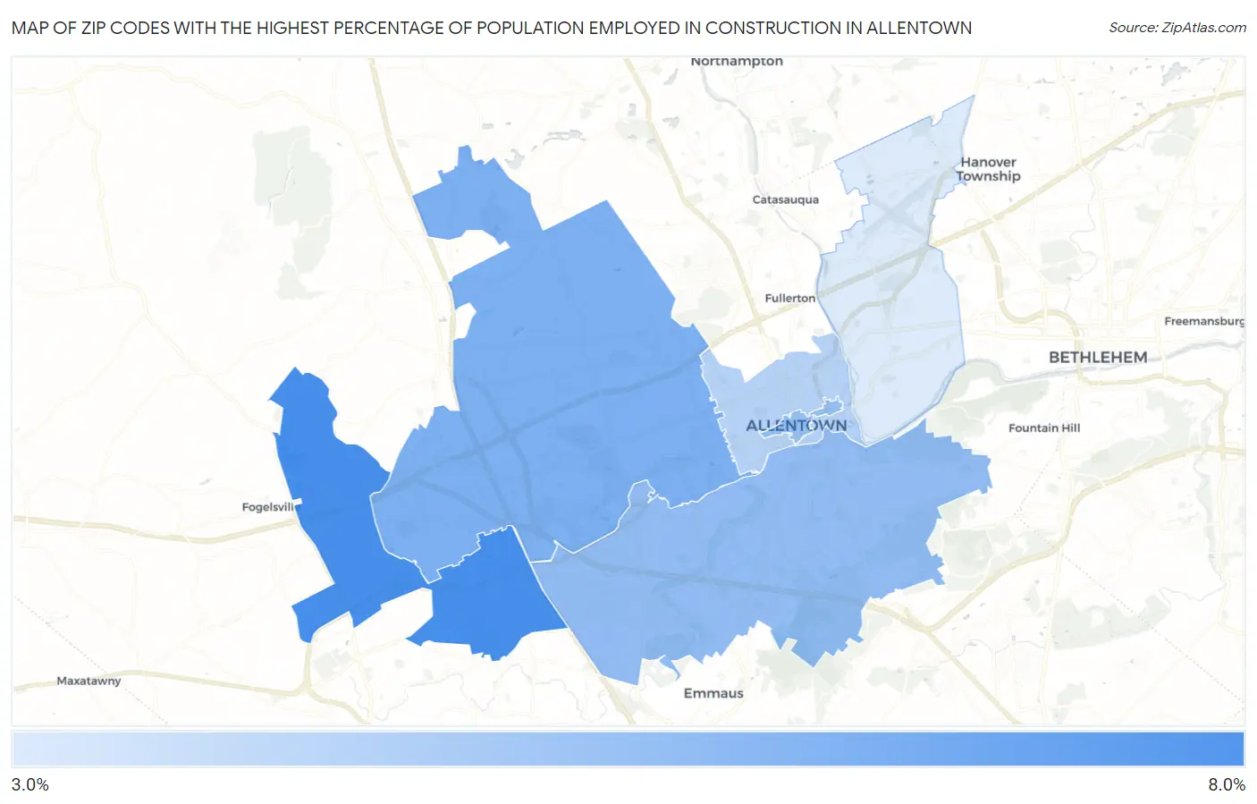 Zip Codes with the Highest Percentage of Population Employed in Construction in Allentown Map