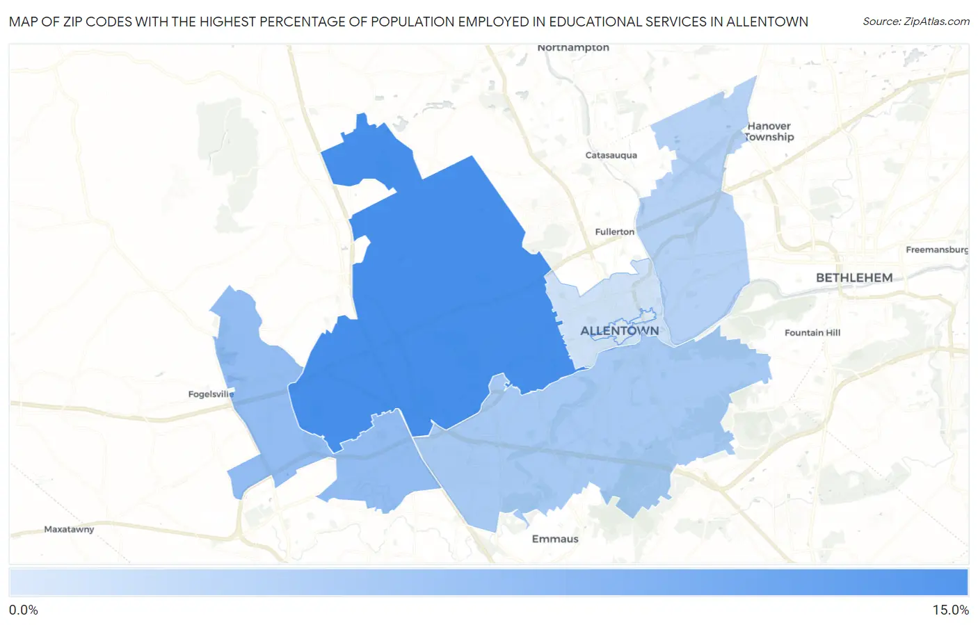 Zip Codes with the Highest Percentage of Population Employed in Educational Services in Allentown Map