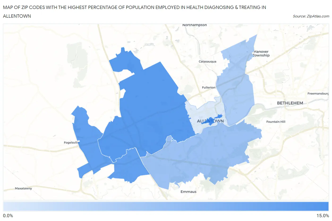 Zip Codes with the Highest Percentage of Population Employed in Health Diagnosing & Treating in Allentown Map