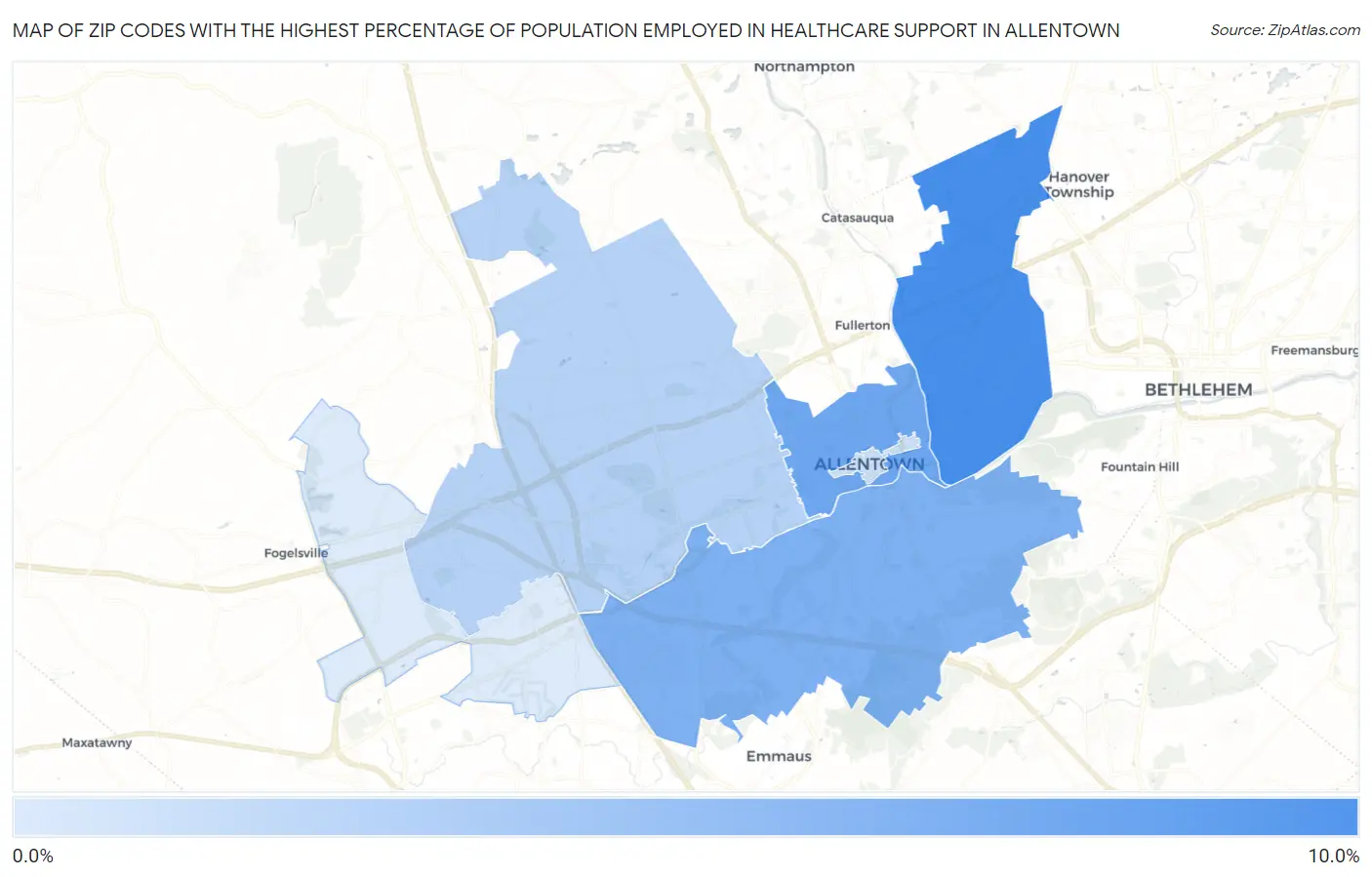 Zip Codes with the Highest Percentage of Population Employed in Healthcare Support in Allentown Map