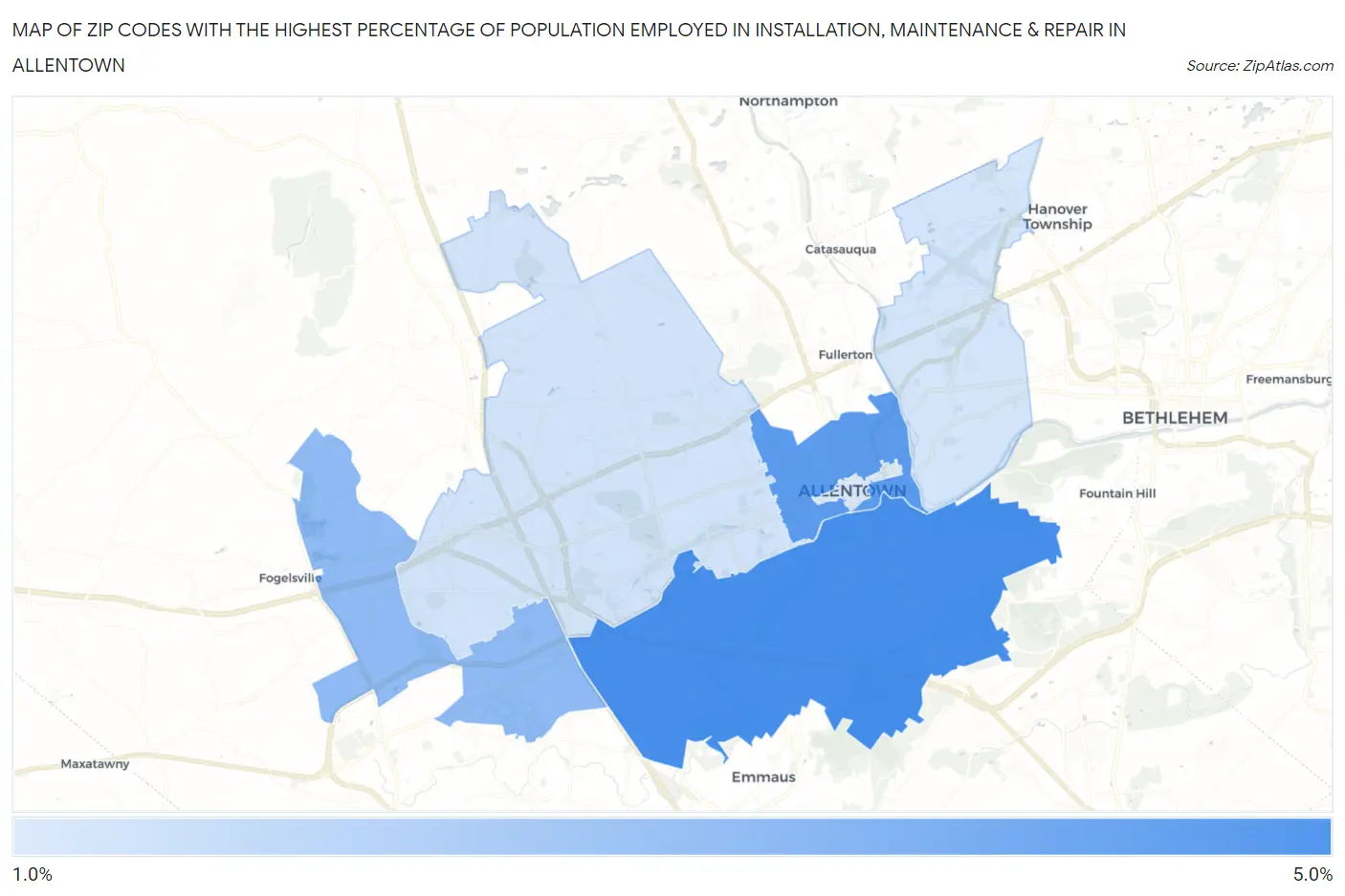 Zip Codes with the Highest Percentage of Population Employed in Installation, Maintenance & Repair in Allentown Map