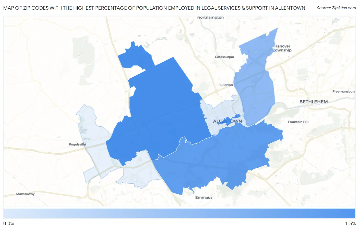 Zip Codes with the Highest Percentage of Population Employed in Legal Services & Support in Allentown Map