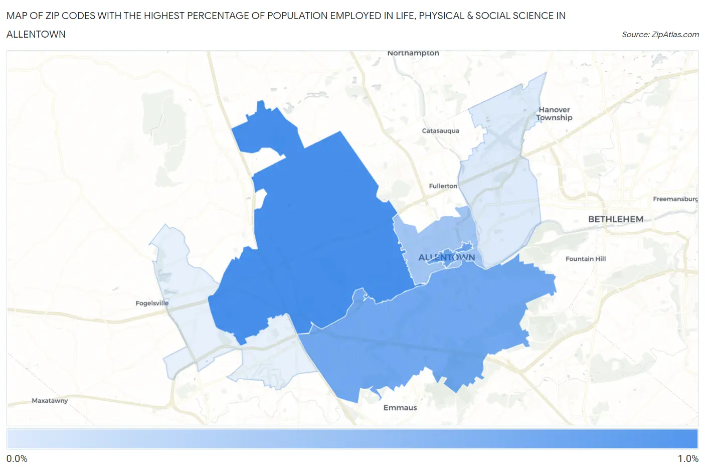 Zip Codes with the Highest Percentage of Population Employed in Life, Physical & Social Science in Allentown Map
