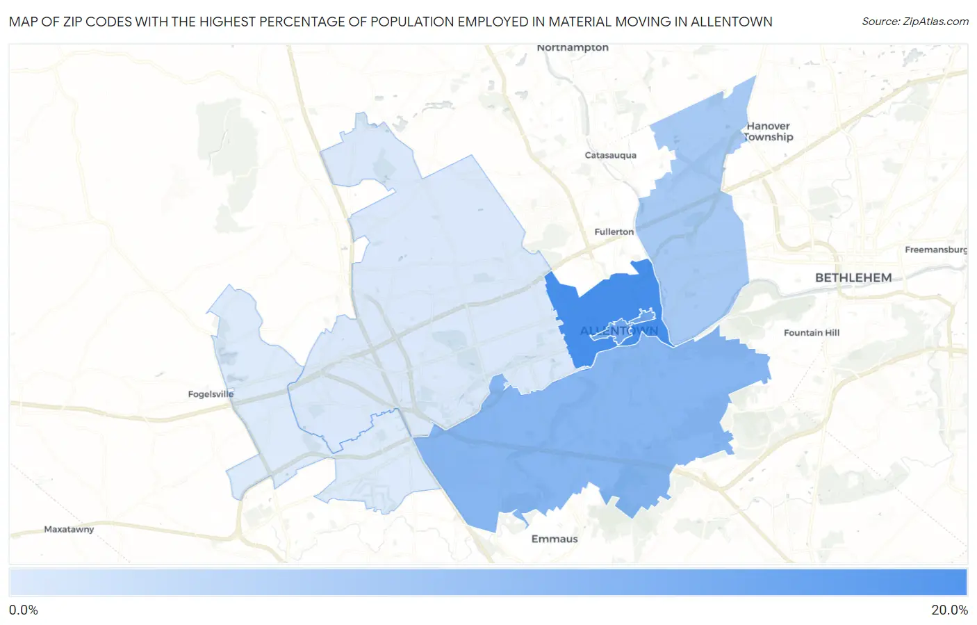 Zip Codes with the Highest Percentage of Population Employed in Material Moving in Allentown Map