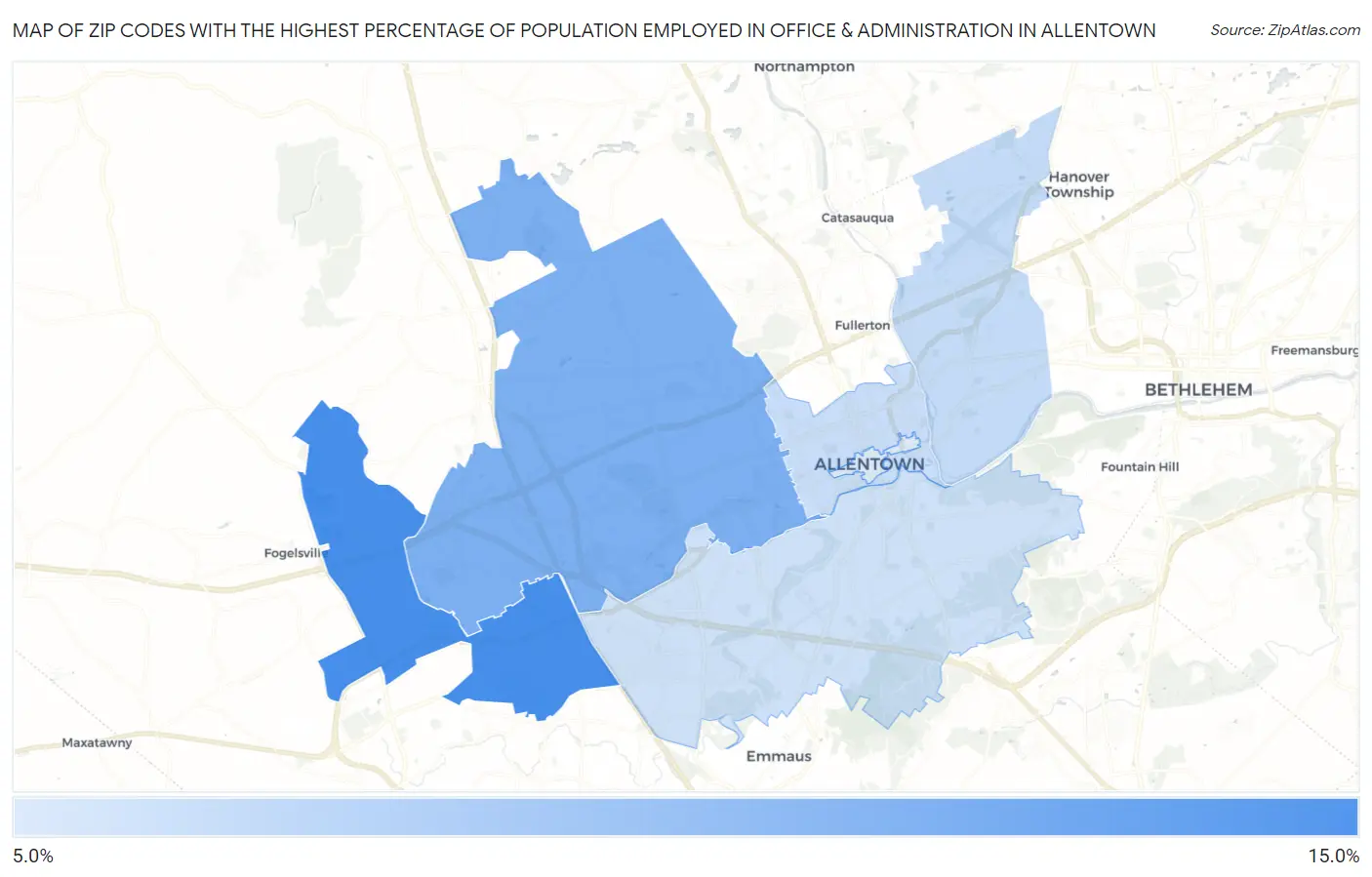 Zip Codes with the Highest Percentage of Population Employed in Office & Administration in Allentown Map