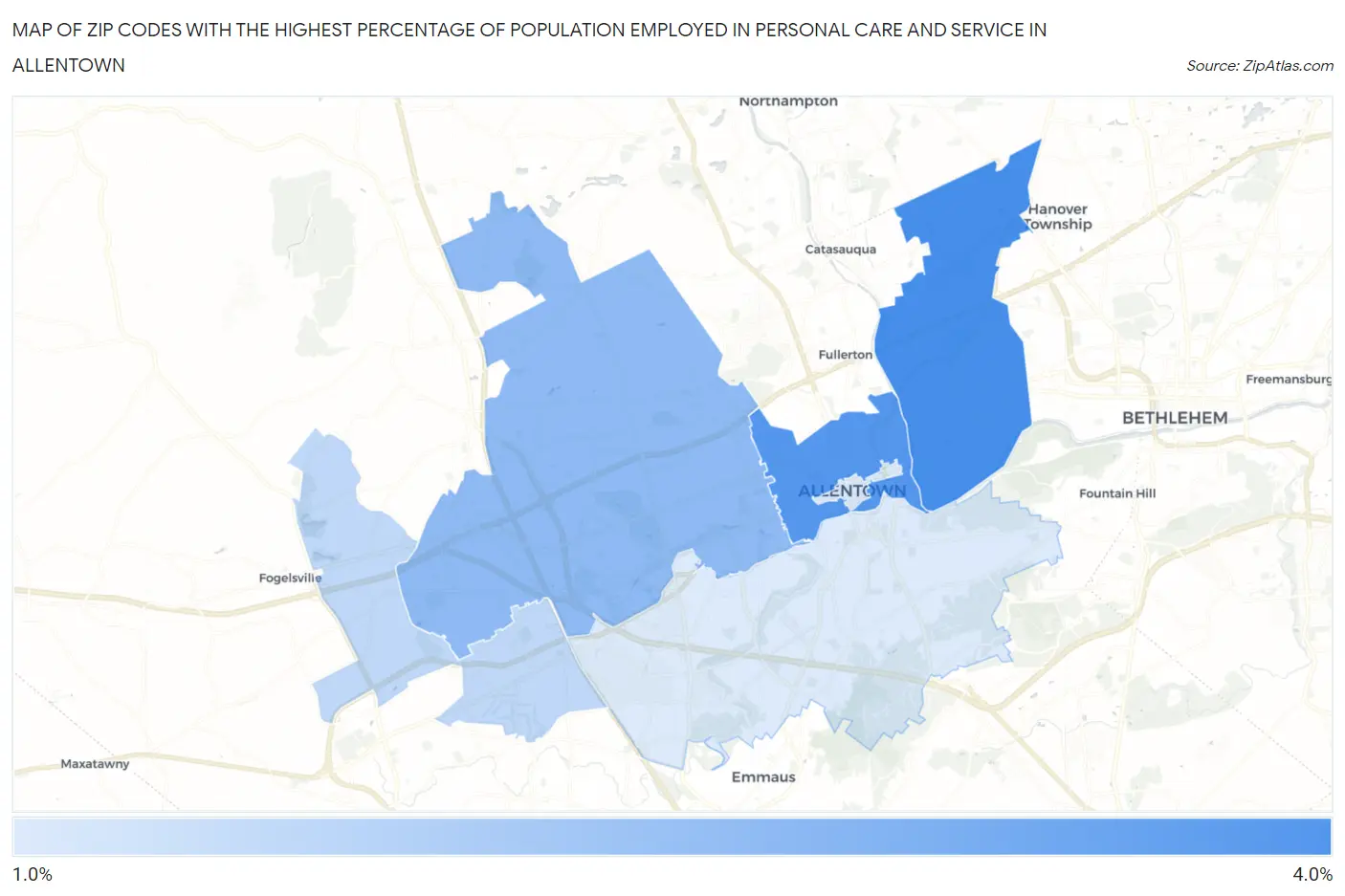 Zip Codes with the Highest Percentage of Population Employed in Personal Care and Service in Allentown Map