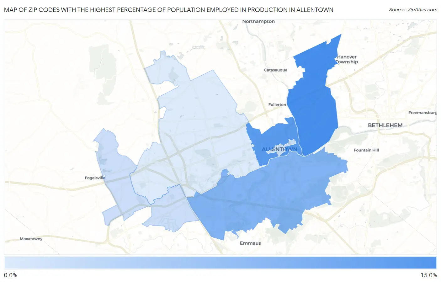Zip Codes with the Highest Percentage of Population Employed in Production in Allentown Map