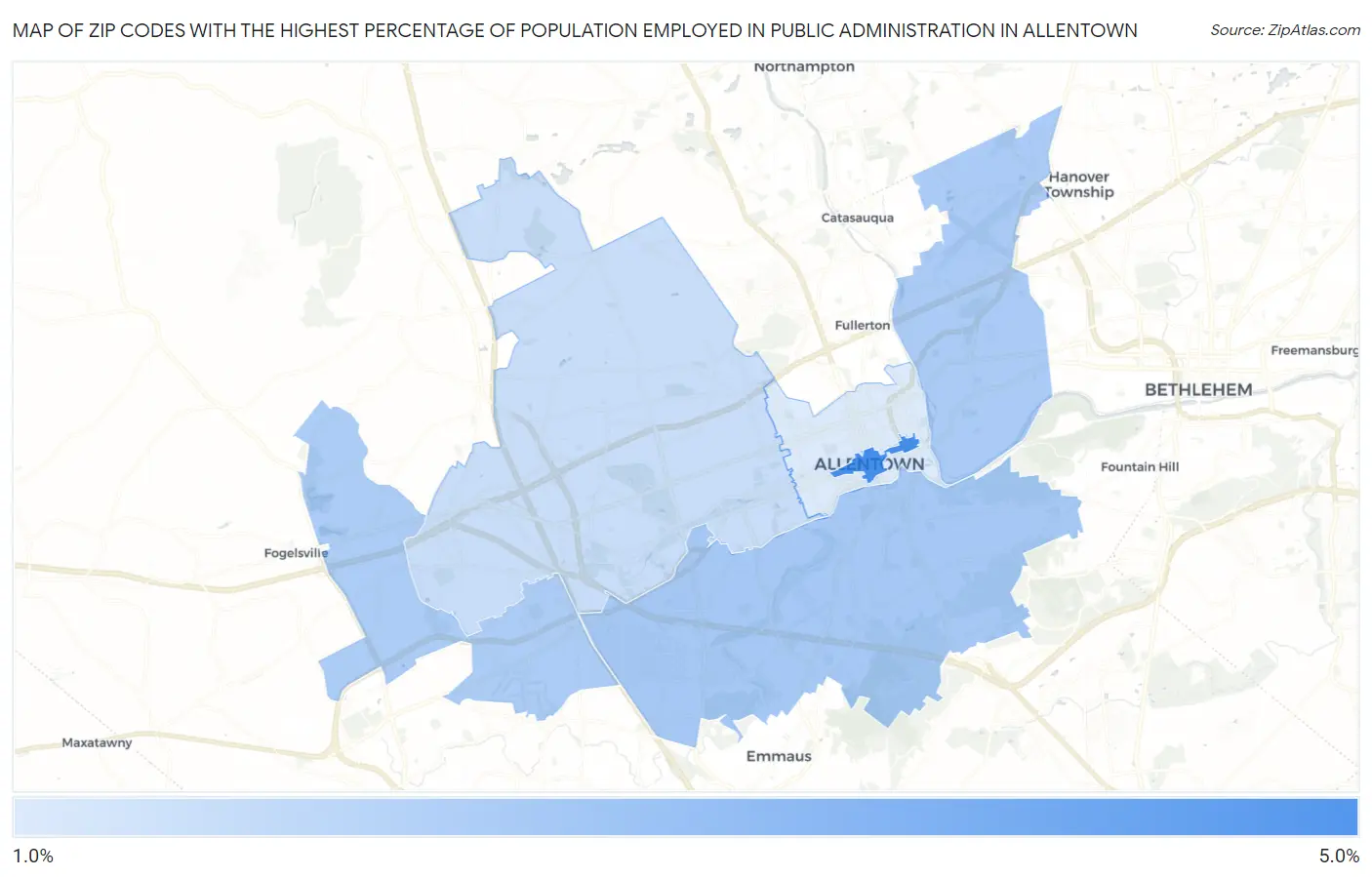 Zip Codes with the Highest Percentage of Population Employed in Public Administration in Allentown Map