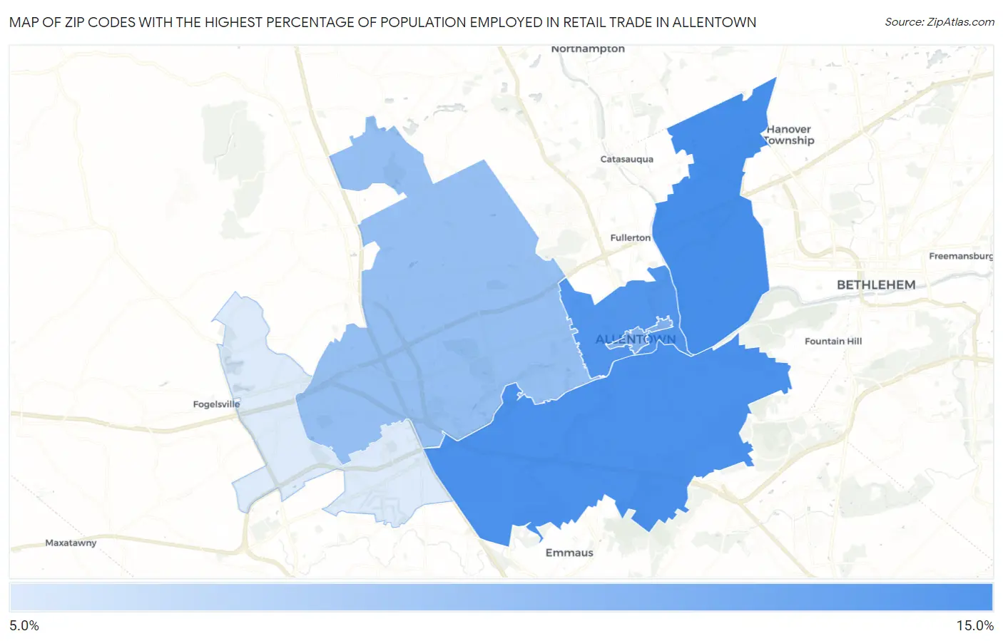 Zip Codes with the Highest Percentage of Population Employed in Retail Trade in Allentown Map