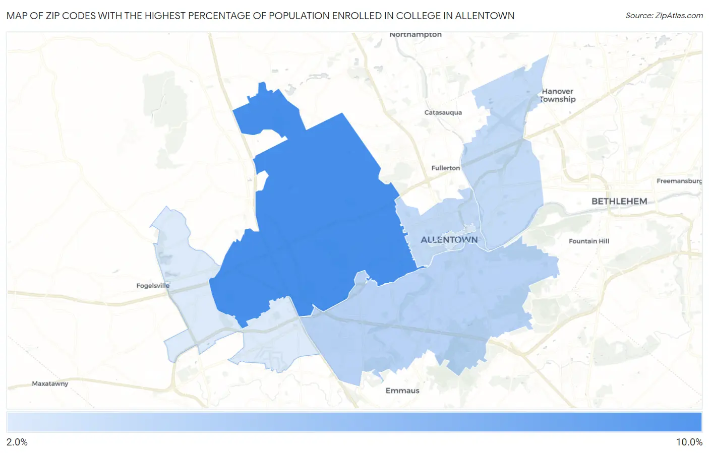 Zip Codes with the Highest Percentage of Population Enrolled in College in Allentown Map