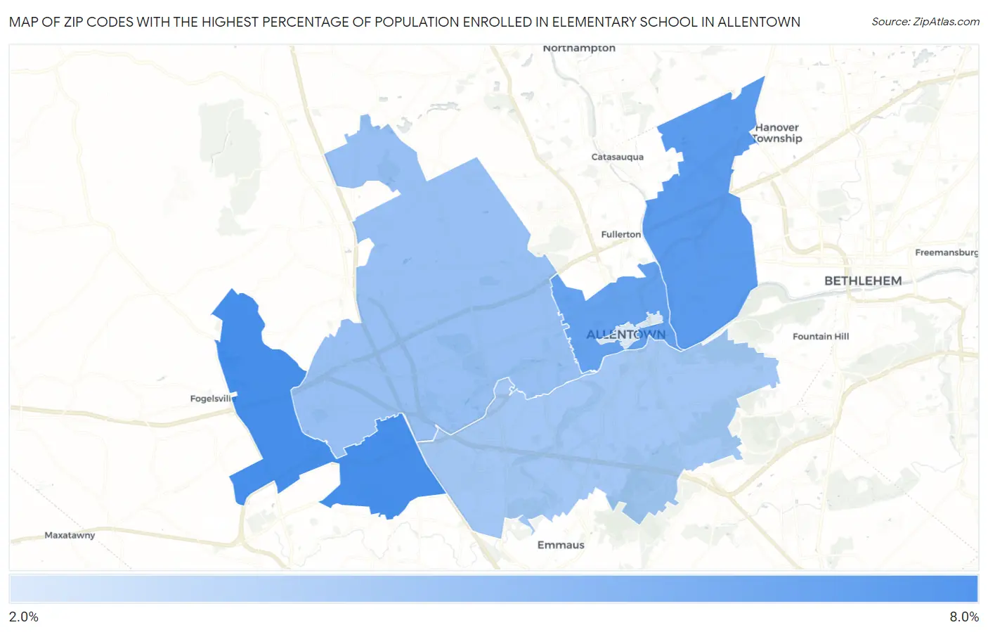 Zip Codes with the Highest Percentage of Population Enrolled in Elementary School in Allentown Map