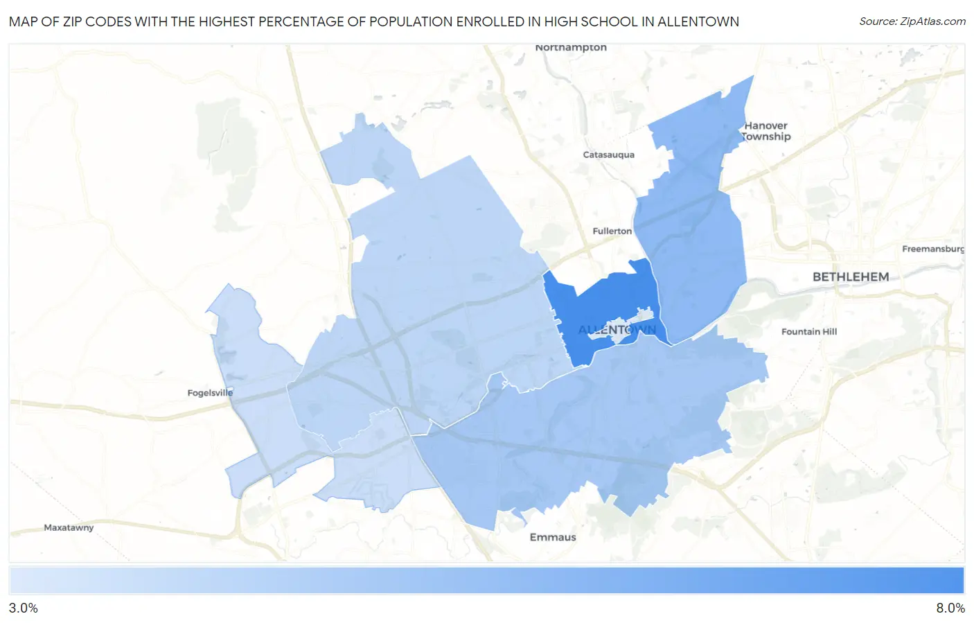 Zip Codes with the Highest Percentage of Population Enrolled in High School in Allentown Map