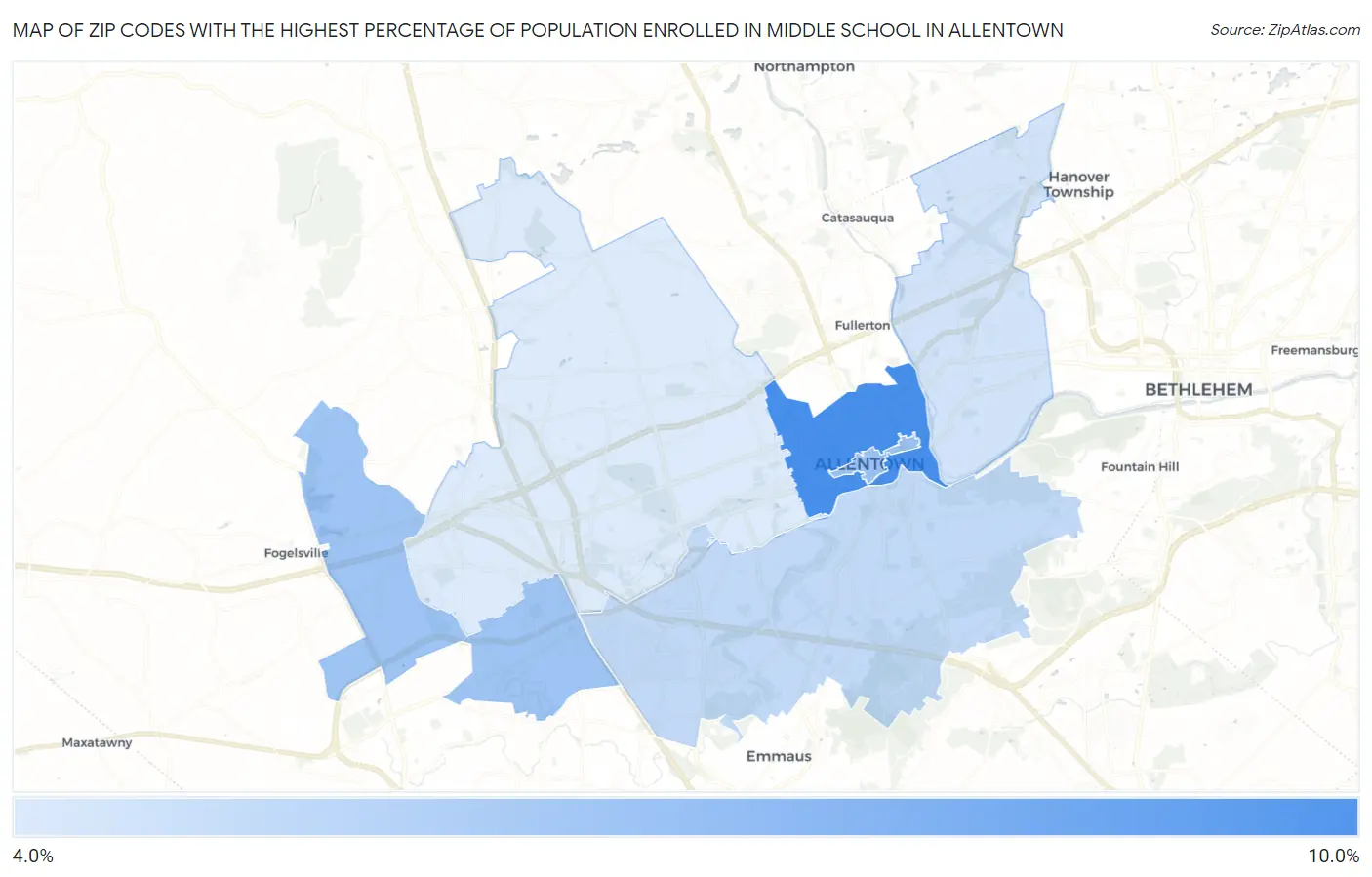 Zip Codes with the Highest Percentage of Population Enrolled in Middle School in Allentown Map